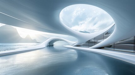 Fototapeta premium A large, curved building with a large window overlooking a body of water