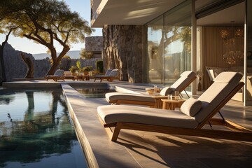 Sunny terrace, pool and relaxing sun loungers., generative IA