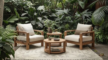 Set of two outdoor chairs with beige cushions and teak wood frame on area rug, in front of green plants. A natural pine chair with cushioned backrests and arms on the right, teaki table between them.