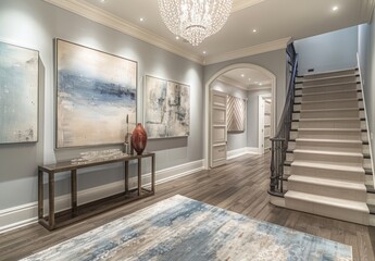 A chic entryway with a statement chandelier, elegant console table, and artwork adorning the walls