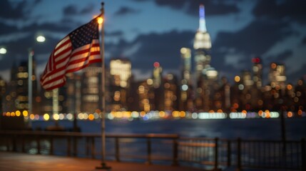 Obraz premium Sunset view of a city skyline with an American flag in the background. Stock of a sunset city skyline.