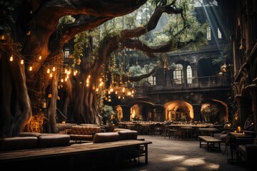 Festive hall with rustic decoration and welcoming lights., generative IA