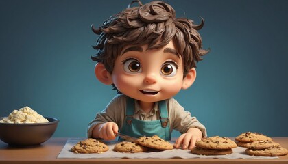 A young boy with a chubby face and curly hair is baking cookies in a gradient blue background. A chibi-style 3D image.