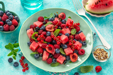 fresh watermelon and berries salad, healthy raw vegan  summer meal