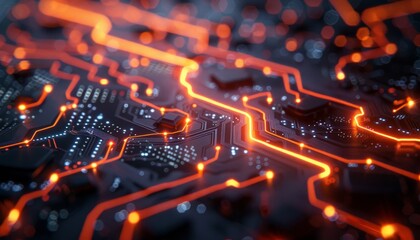 Technological circuit board pattern with glowing lines and digital components