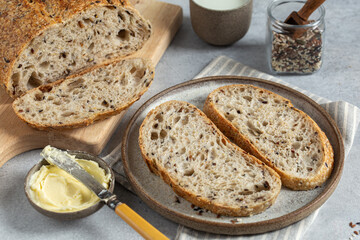 slices of homemade seeded multigrain sour dough bread