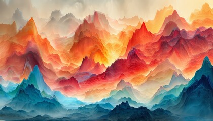 Abstract 3D terrain with jagged peaks and valleys, bathed in a surreal gradient of colors