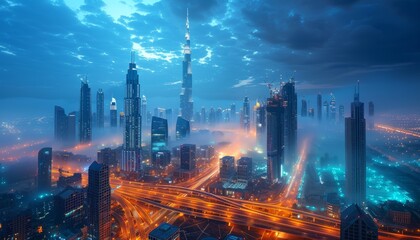 Fototapeta premium Futuristic digital cityscape with towering skyscrapers and illuminated highways