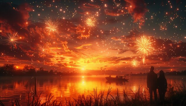 A couple enjoying a sunset boat ride on a lake, with fireworks in the background
