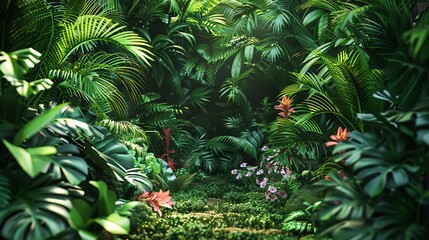 Jungle vibes with dense foliage, exotic flowers, and hidden wildlife