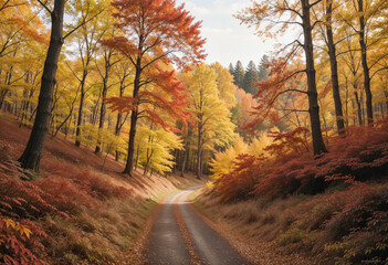 Obraz premium a road in the middle of a forest with trees in the fall