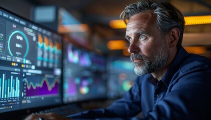 Operations manager analyzing operational efficiency metrics on a digital dashboard in a control room