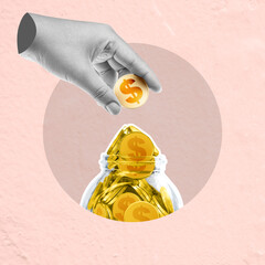 A human hand put dollar golden coins into the jar