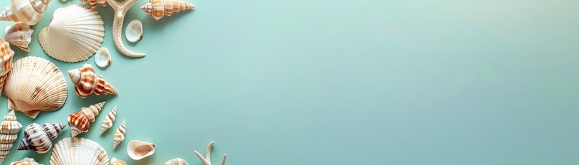 Assorted seashells on a light blue background with ample space for text