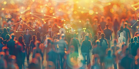 a beautiful image of a crowd of happy diverse people with networking links interconnected, realistic, orange green and yellow highlights, serene, blurred image,, 