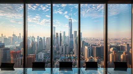 Wide-angle shot of a city skyline viewed from a conference room with floor-to-ceiling windows