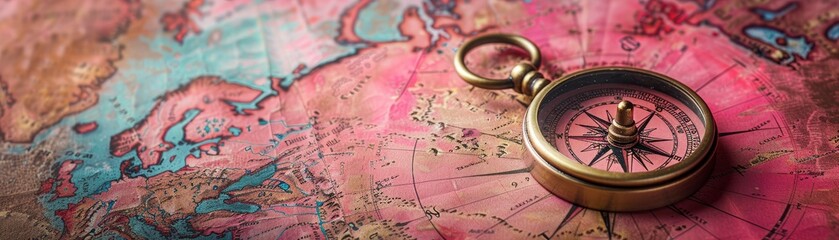 Vintage compass on old world map navigation and exploration travel concept with copy space