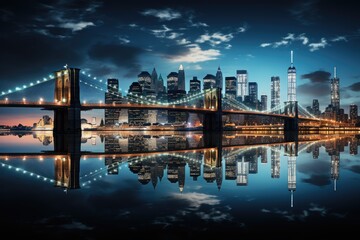 Fototapeta premium Brooklyn bridge enlightened at night, connecting Manhattan and Brooklyn., generative IA