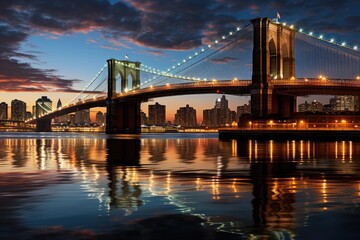 Obraz premium Brooklyn bridge enlightened at night, connecting Manhattan and Brooklyn., generative IA