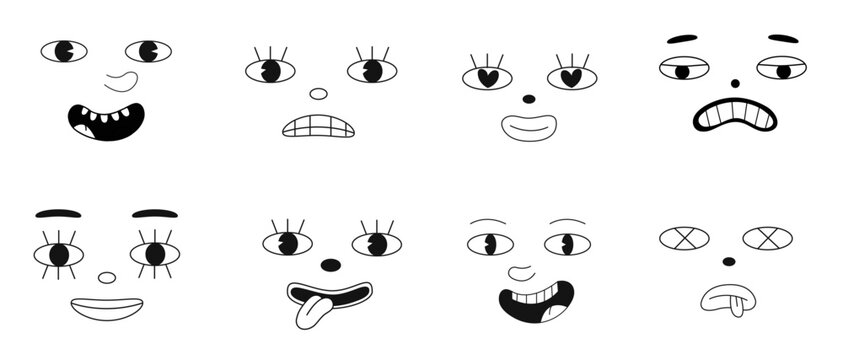Set of Cartoon comic groovy face emotions, vector illustration on a white background. Whimsical characters feelings in retro funky style, monochrome personage emoticons