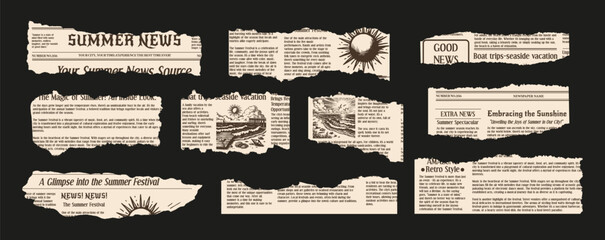 Trendy set of torn newspapers in the grunge style. A summer newspaper with uneven, jagged edges for collages. Retro elements for the design. Vector.