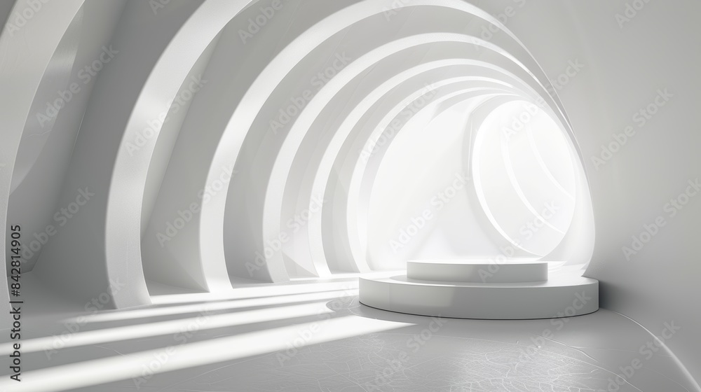 Poster animated rendering of abstract architecture in white with curved stairs. computer generated image.