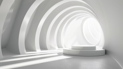 Obraz premium Animated rendering of abstract architecture in white with curved stairs. Computer generated image.
