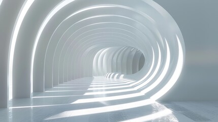 Fototapeta premium Decorative 3D render with abstract architecture as the background and curved white stairways as the interior. Stock.
