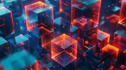 Background with glowing red and blue cubes. 3D rendering. Stock stock.