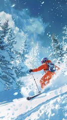 A skier skiing through fresh powder snow. Realistic.