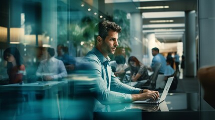 business professional sitting at table with laptop and talking on mobile phone. Businessman working in office.