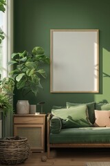 Contemporary minimal empty frame mockup in a modern green room. Wall interior frame poster mock.