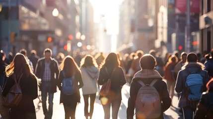 Commuters Briskly Walking Through a Bustling Urban Cityscape
