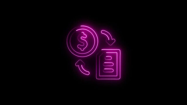 Glowing neon line Dollar rate decrease icon isolated on black background. Cost reduction. Money symbol with arrow and neon file document icon.