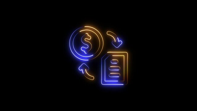 Glowing neon line Dollar rate decrease icon isolated on black background. Cost reduction. Money symbol with arrow and neon file document icon.