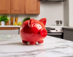a red piggy bank standing on a modern white marble kitchen couner