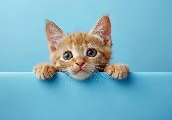 It's a red kitten hanging from a whiteblue poster with a blank space. A rendition of stock stock ().