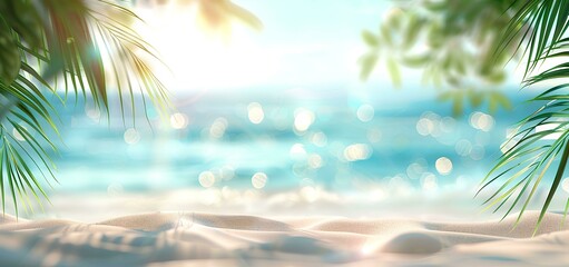 Beautiful blurred background of a sandy tropical beach and palm leaves with copy space for product display, conveying a summer vacation concept
