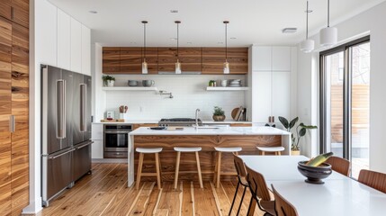 Stylish kitchen with classic interior. Front view on white cabinet with wooden countertop, sink with faucet, electric oven, induction hob, vintage fridge, kitchenware, utensils and flowers in vase