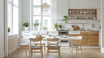 Obraz premium Stylish kitchen with classic interior. Front view on white cabinet with wooden countertop, sink with faucet, electric oven, induction hob, vintage fridge, kitchenware, utensils and flowers in vase