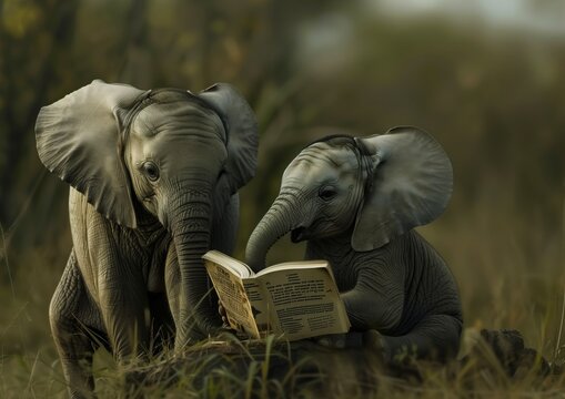 Two elephants reading a book