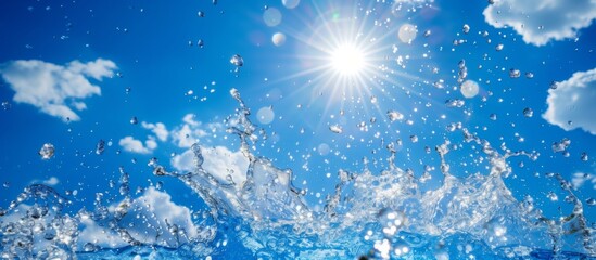 青空の下で太陽と弾ける水の飛沫が描かれた爽やかな風景
