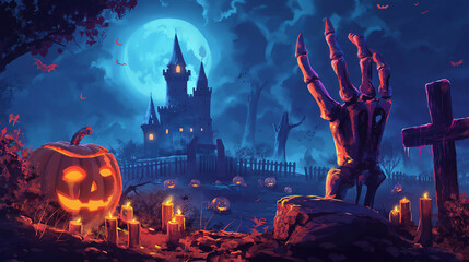 Obraz premium The zombie hand and Halloween background, Illustration