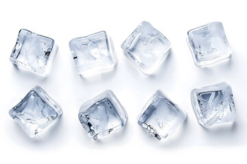 Ice cubes collection top view isolated on white background