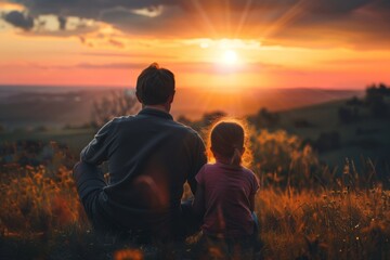 Obraz premium Father And Daughter Sitting On The Grass Watching The Sunset