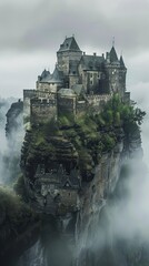 Naklejka premium A mysterious castle on a foggy hilltop. Realistic.
