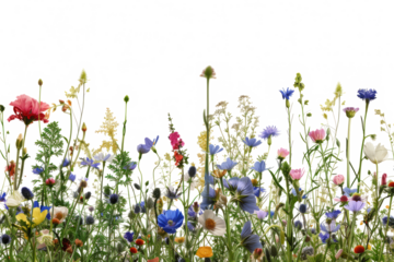 Vibrant wildflowers are blooming on transparent backdrop. Beautiful natural background with colorful flowers