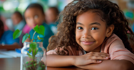 A curious African American student observing plant growth in science class. Young learner studying botany in the classroom.