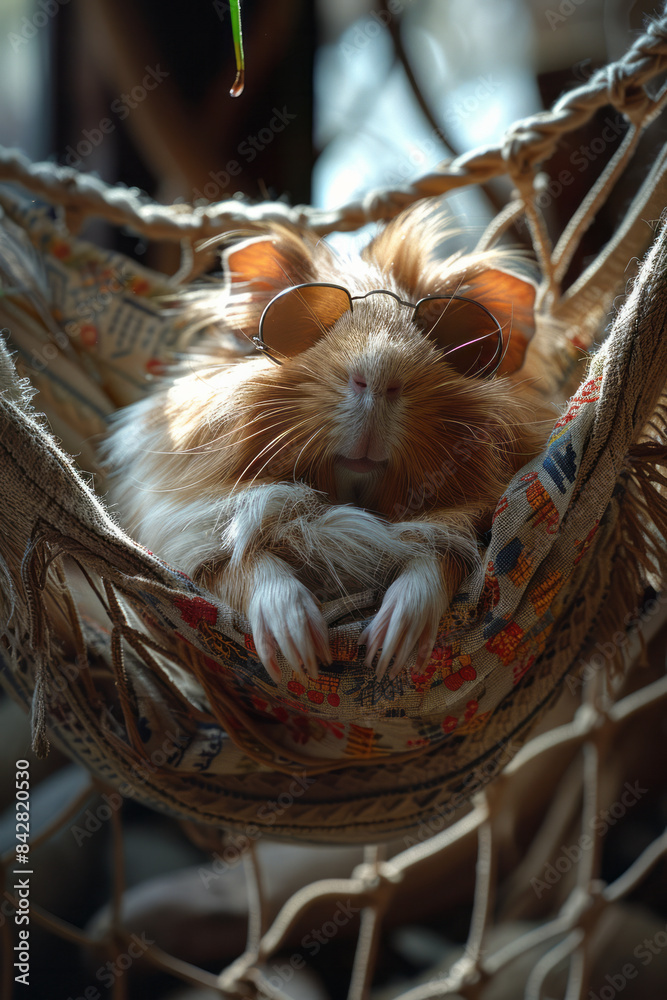 Poster detailed view of a guinea pig with eye patches, lounging in a small hammock,