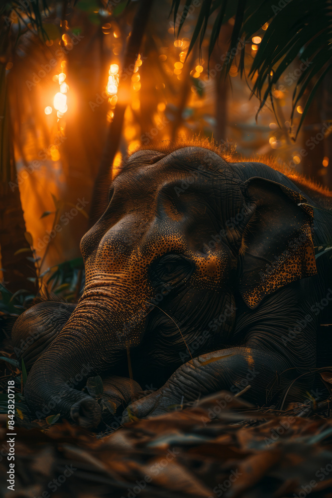 Poster aesthetic image of an elephant with under-eye patches, resting in the shade,
